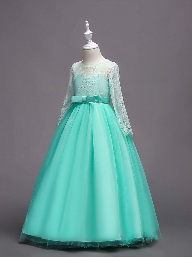 Long Sleeve Jewel Neck Lace Satin Tulle Flower Girl Dress with Lace Belt-BallBride