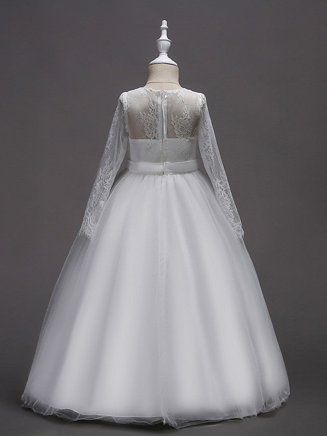 Long Sleeve Jewel Neck Lace Satin Tulle Flower Girl Dress with Lace Belt-BallBride
