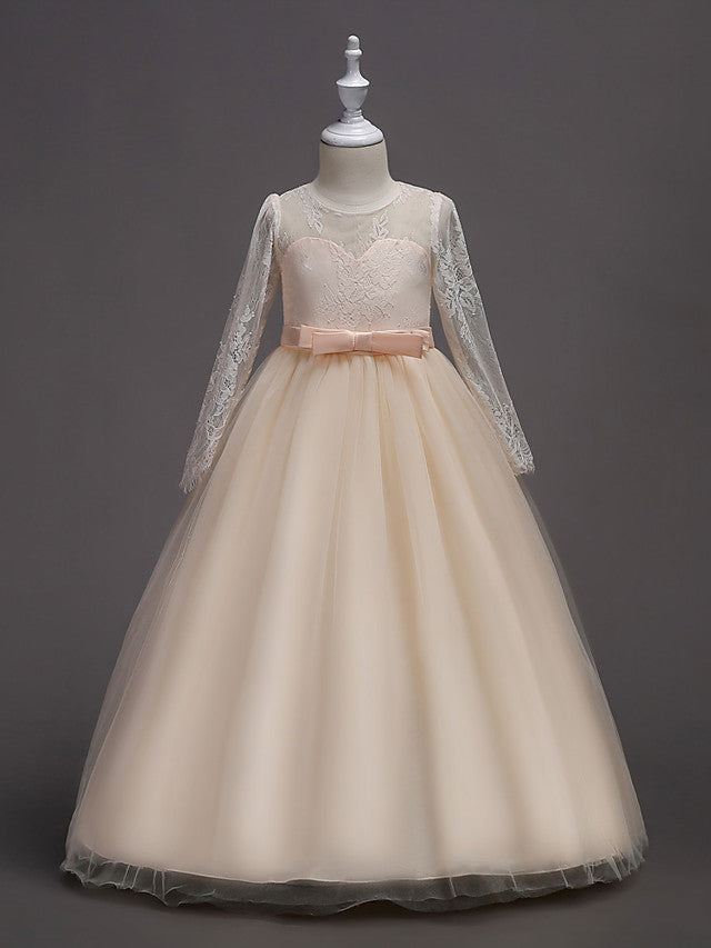 Long Sleeve Jewel Neck Lace Satin Tulle Flower Girl Dress with Lace Belt-BallBride