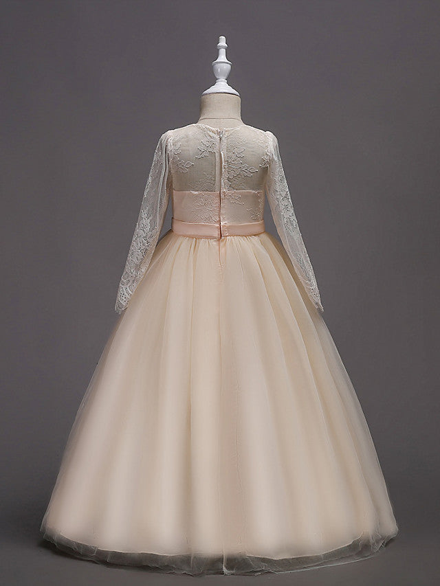 Long Sleeve Jewel Neck Lace Satin Tulle Flower Girl Dress with Lace Belt-BallBride