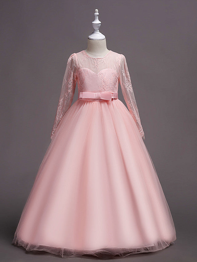 Long Sleeve Jewel Neck Lace Satin Tulle Flower Girl Dress with Lace Belt-BallBride