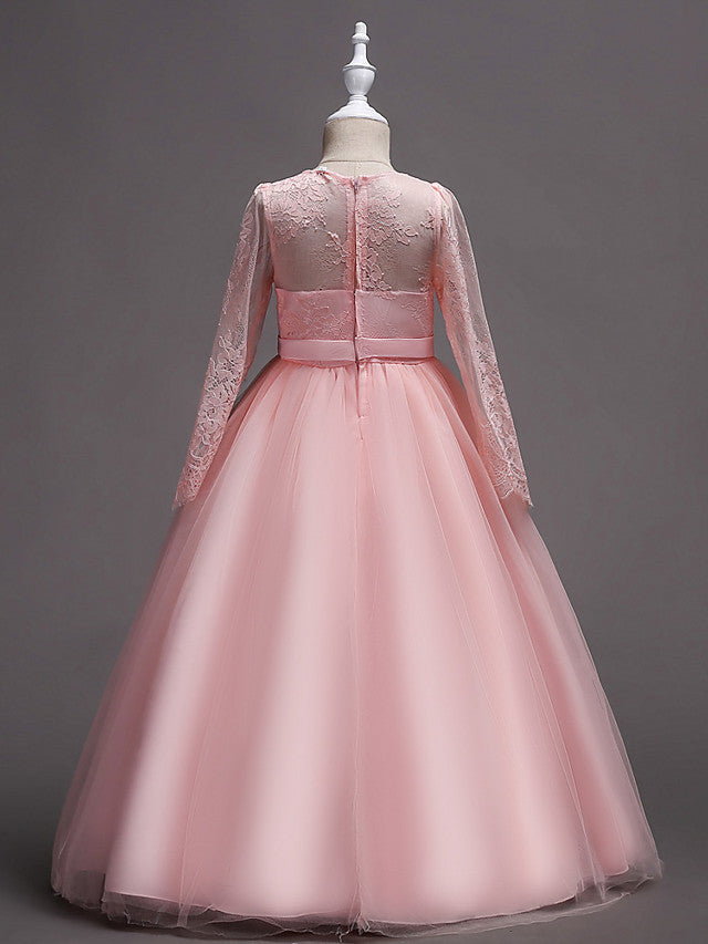 Long Sleeve Jewel Neck Lace Satin Tulle Flower Girl Dress with Lace Belt-BallBride