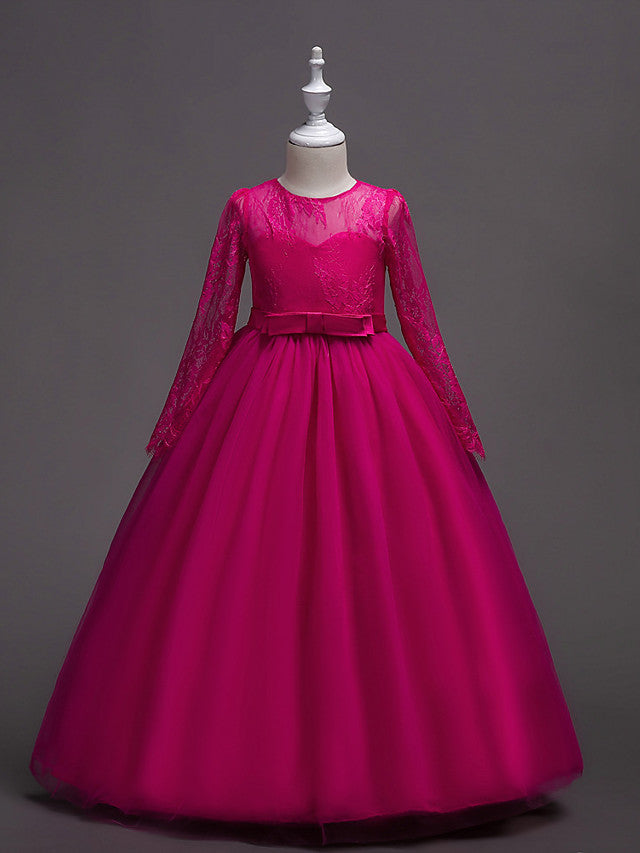Long Sleeve Jewel Neck Lace Satin Tulle Flower Girl Dress with Lace Belt-BallBride
