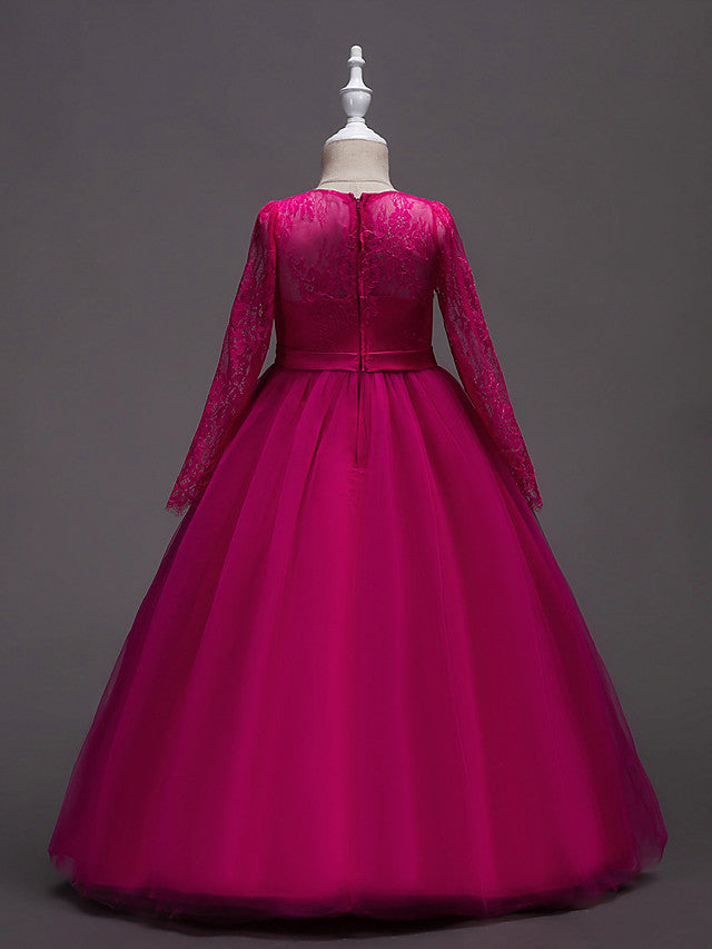 Long Sleeve Jewel Neck Lace Satin Tulle Flower Girl Dress with Lace Belt-BallBride
