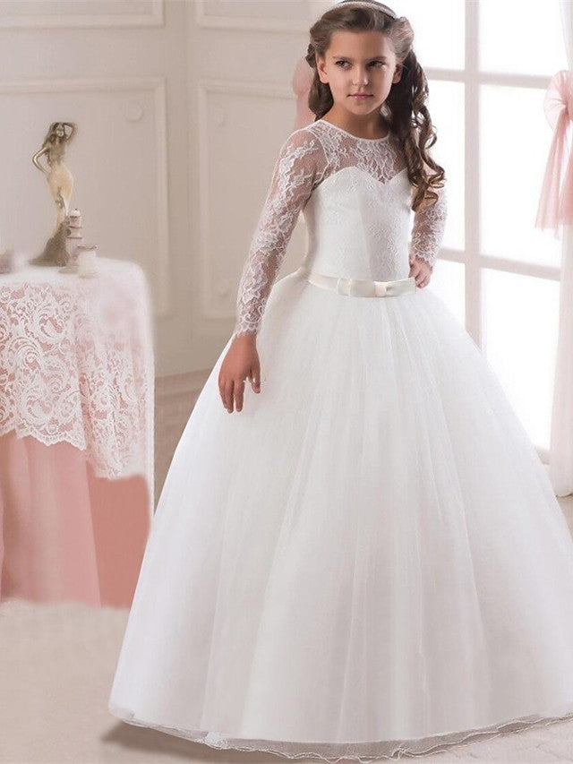 Long Sleeve Jewel Neck Lace Satin Tulle Flower Girl Dress with Lace Belt-BallBride