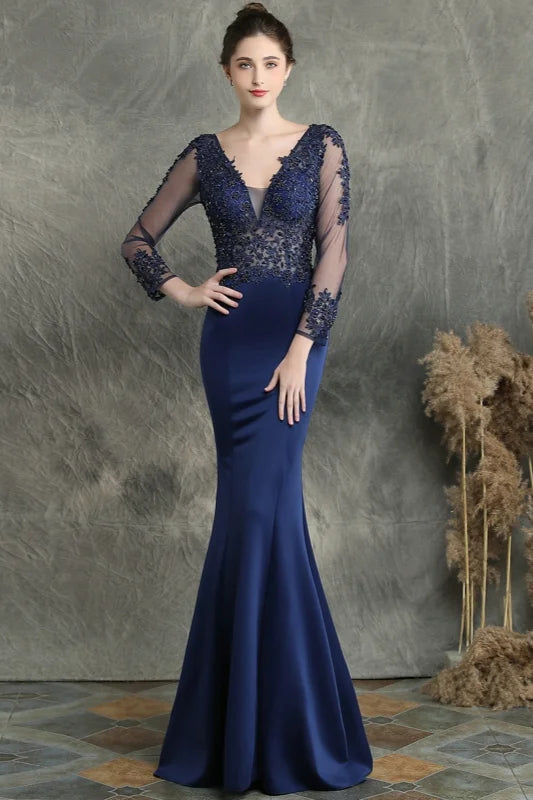 Long Sleeve Lace Appliques Mermaid Evening Prom Dress Online-BallBride