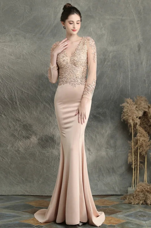 Long Sleeve Lace Appliques Mermaid Evening Prom Dress Online-BallBride