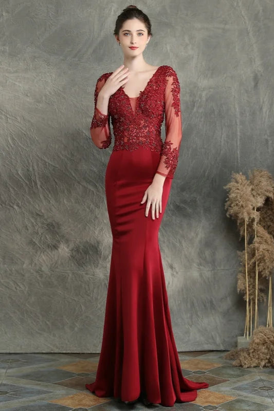 Long Sleeve Lace Appliques Mermaid Evening Prom Dress Online-BallBride