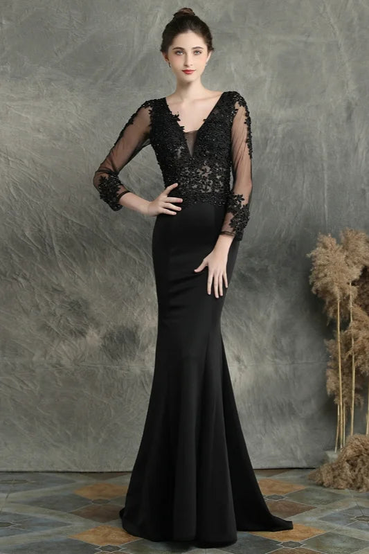Long Sleeve Lace Appliques Mermaid Evening Prom Dress Online-BallBride