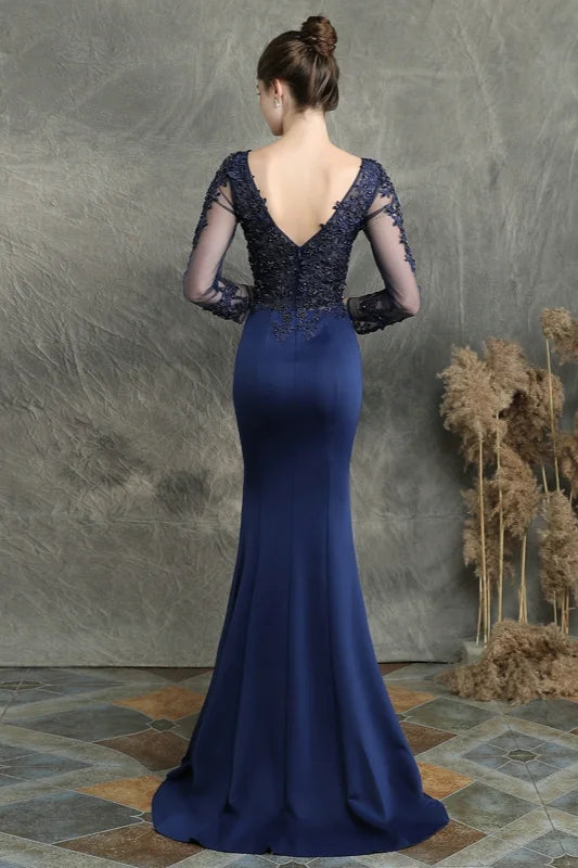 Long Sleeve Lace Appliques Mermaid Evening Prom Dress Online-BallBride