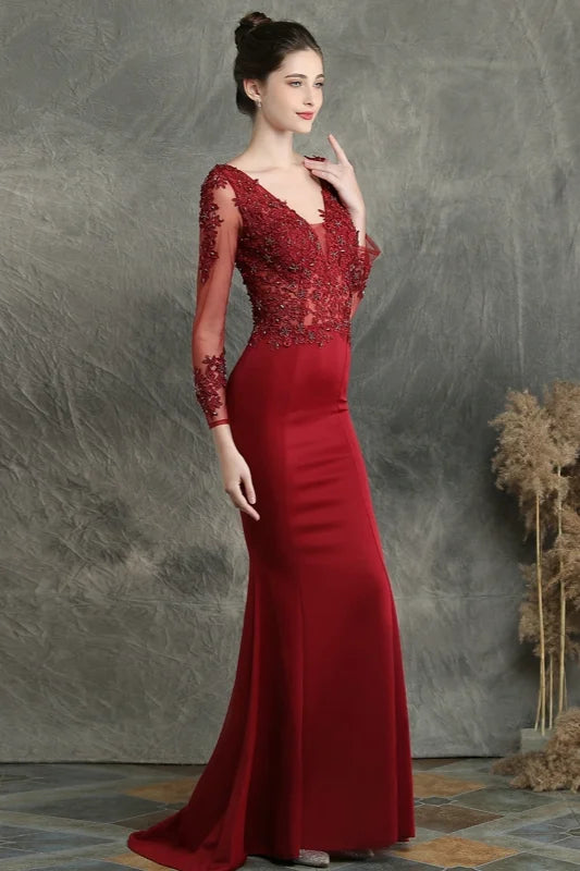 Long Sleeve Lace Appliques Mermaid Evening Prom Dress Online-BallBride