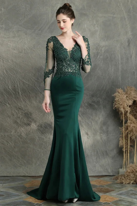 Long Sleeve Lace Appliques Mermaid Evening Prom Dress Online-BallBride