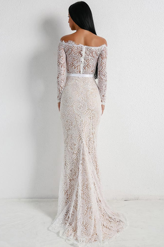 Long Sleeve Mermaid Evening Gowns - Off-the-Shoulder Lace Long Prom Dress-BallBride
