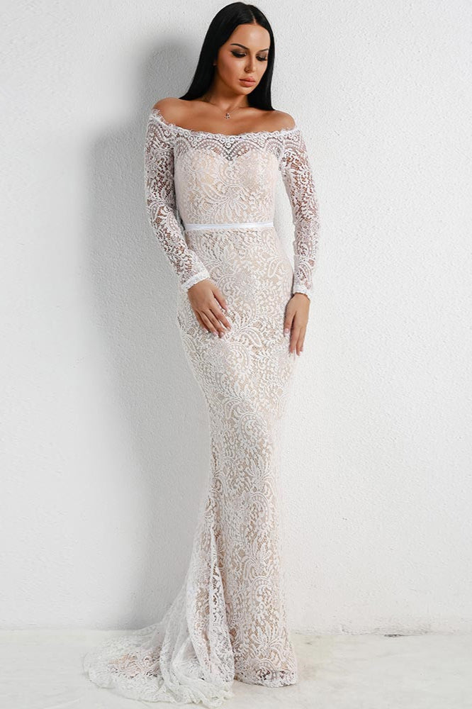 Long Sleeve Mermaid Evening Gowns - Off-the-Shoulder Lace Long Prom Dress-BallBride