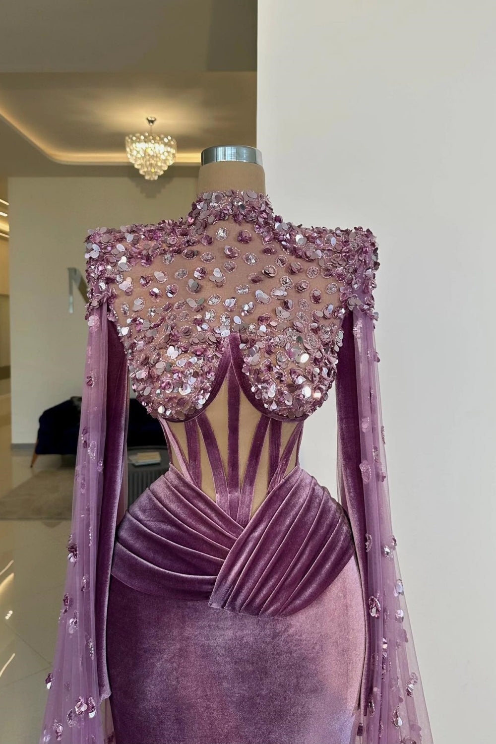 Long Sleeve Mermaid High Neck Floor Lenth Prom Dress with Rhinestones-BallBride