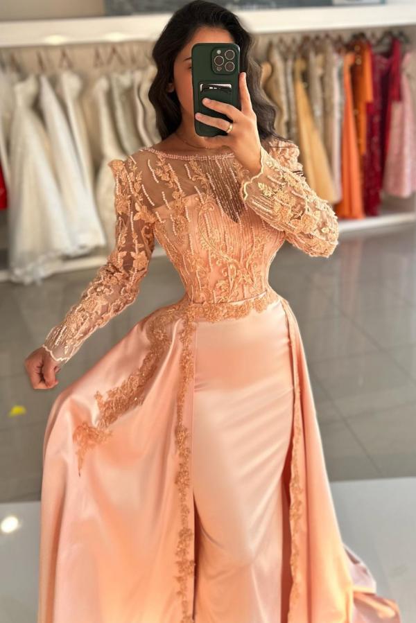 Long Sleeve Mermaid Lace Satin Prom Dress with Panel Train-BallBride