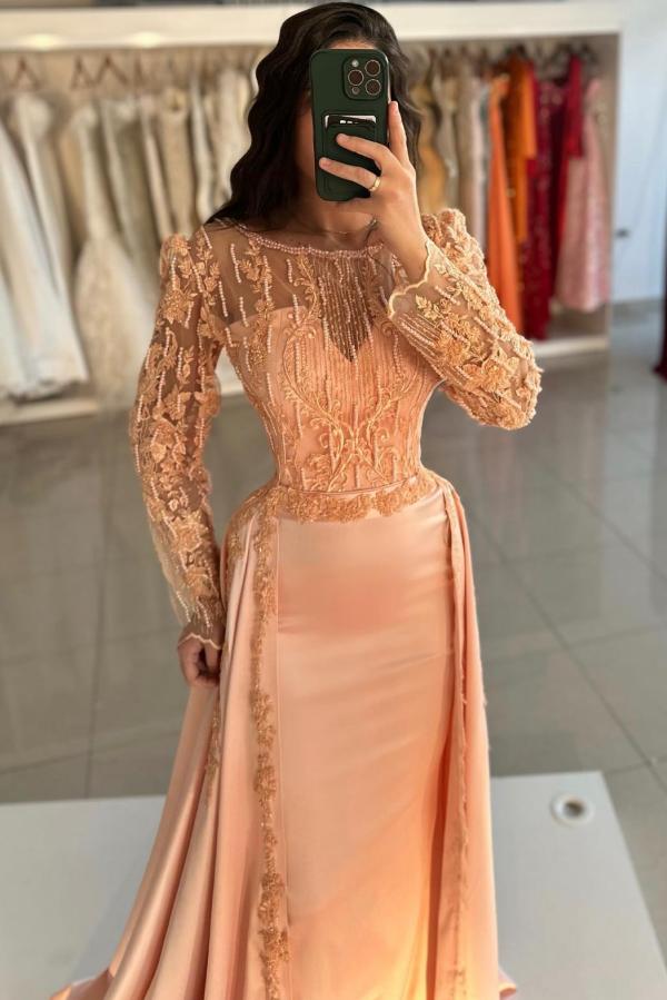 Long Sleeve Mermaid Lace Satin Prom Dress with Panel Train-BallBride