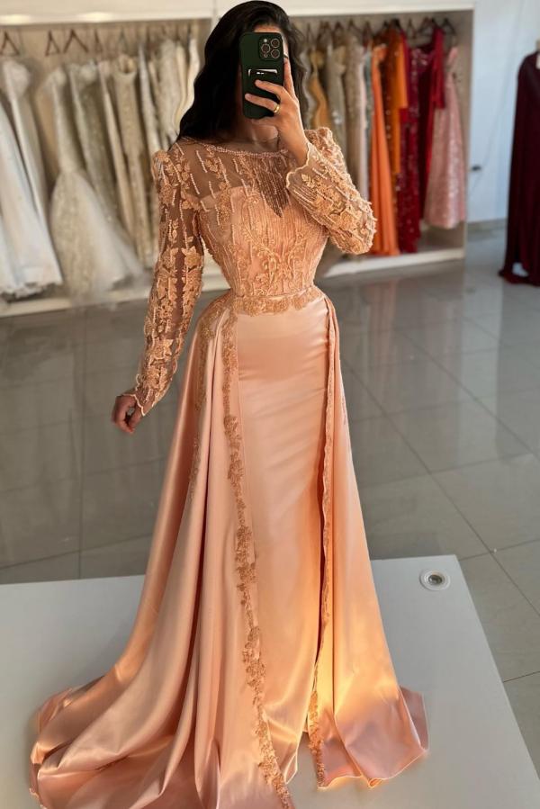 Long Sleeve Mermaid Lace Satin Prom Dress with Panel Train-BallBride