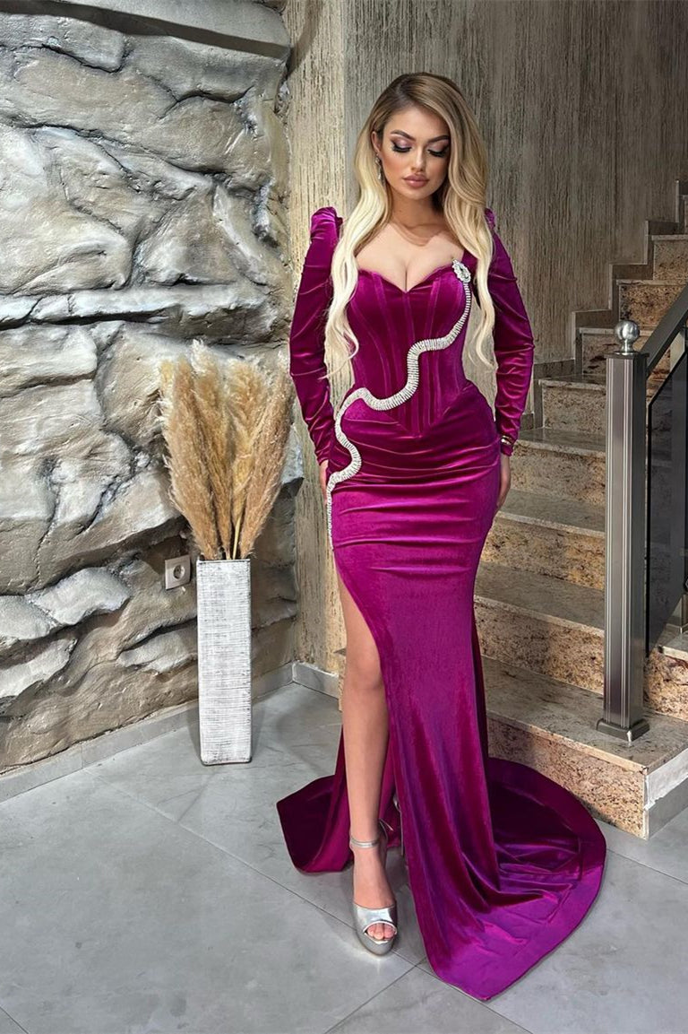 Long Sleeve Mermaid Long Split Side Prom Dress with Beads-BallBride