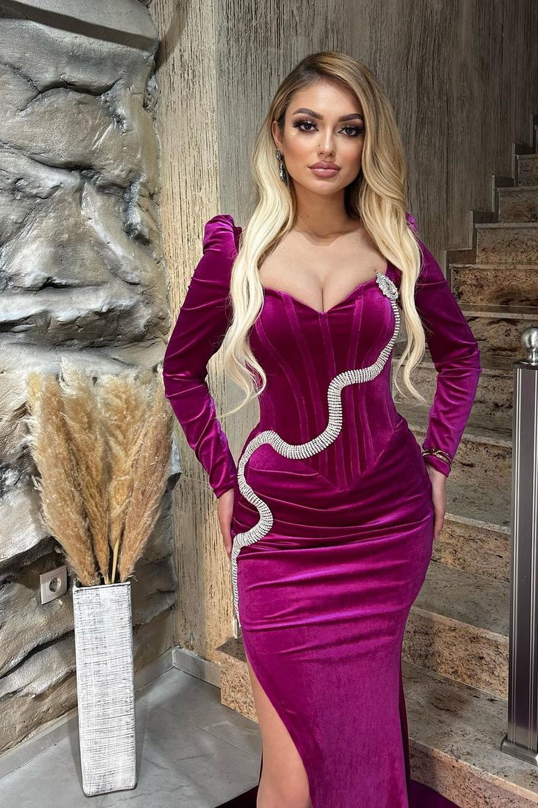 Long Sleeve Mermaid Long Split Side Prom Dress with Beads-BallBride