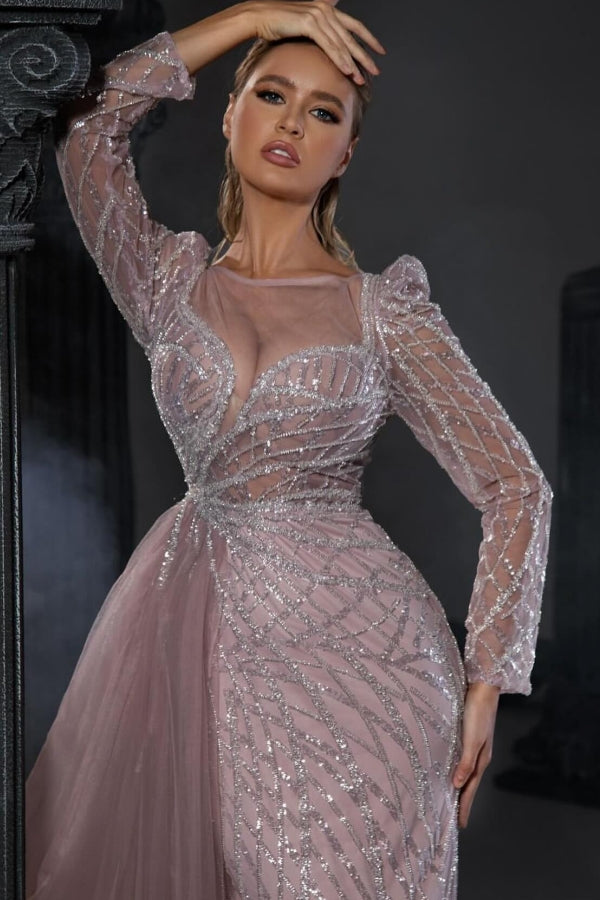 Long Sleeve Mermaid Pink Tulle Sweetheart Prom Dress with Seqins-BallBride