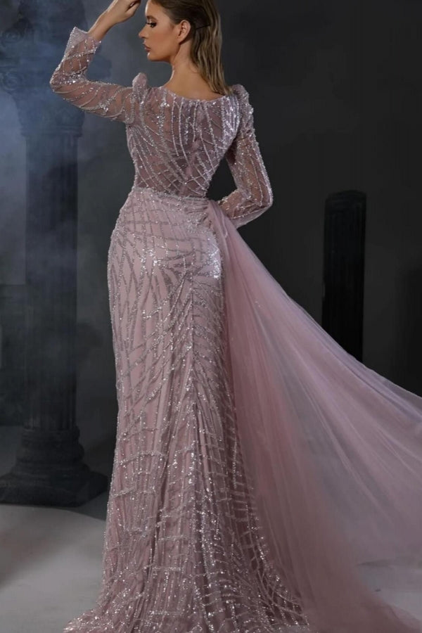 Long Sleeve Mermaid Pink Tulle Sweetheart Prom Dress with Seqins-BallBride