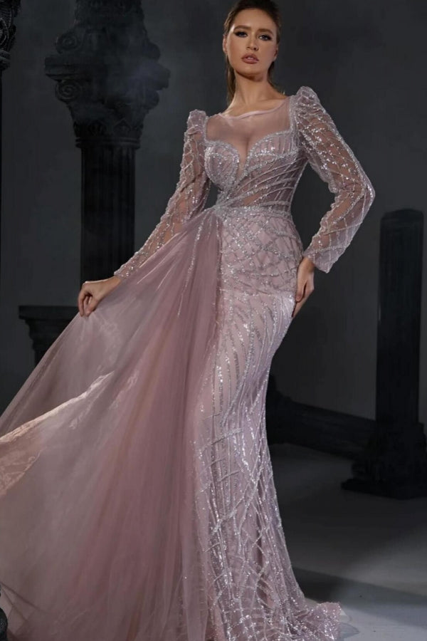 Long Sleeve Mermaid Pink Tulle Sweetheart Prom Dress with Seqins-BallBride