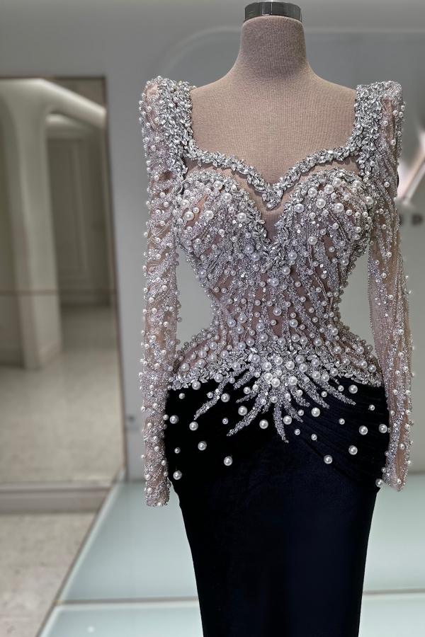 Long Sleeve Mermaid Sweetheart Prom Dress with Beads and Rhinestone-BallBride