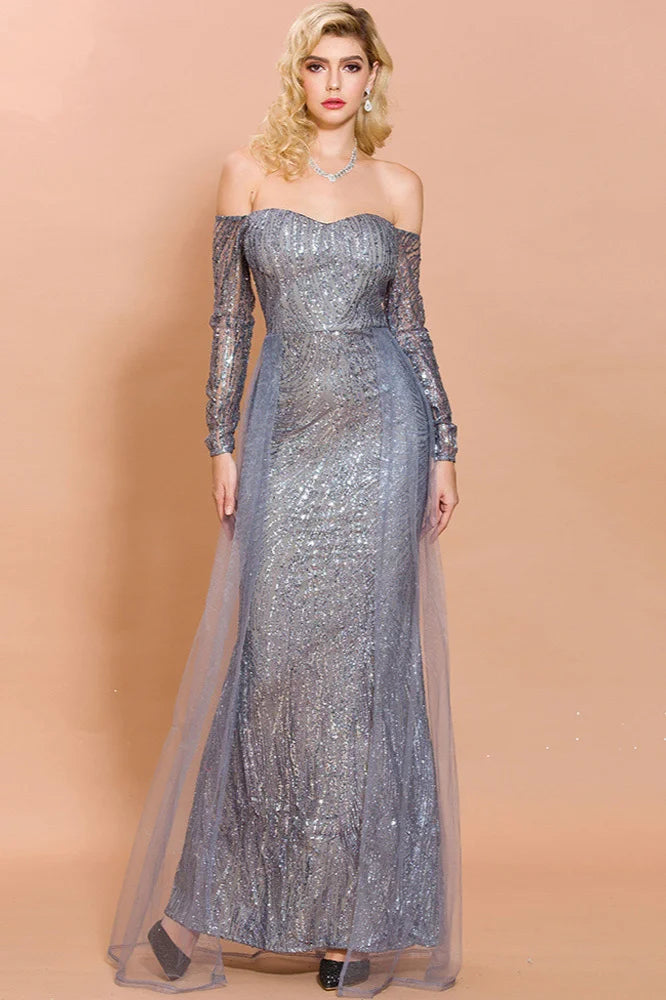 Long Sleeve Off-the-Shoulder Sequins Evening Gowns Ruffles Mermaid Prom Party Dress Online-BallBride