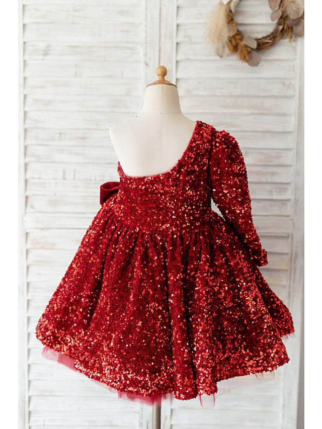Long Sleeve One Shoulder Ball Gown Knee Length Flower Girl Dress with Bow and Sequins-BallBride