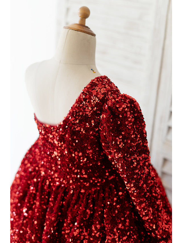 Long Sleeve One Shoulder Ball Gown Knee Length Flower Girl Dress with Bow and Sequins-BallBride