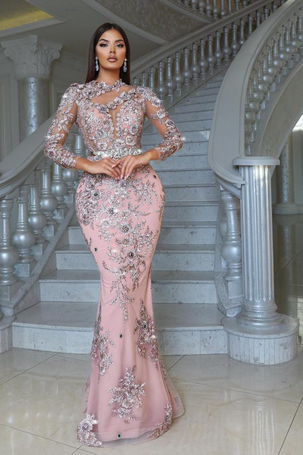 Long Sleeve Pink Satin Mermaid Floor Length Prom Dress with Detachable Train and Appliques-BallBride