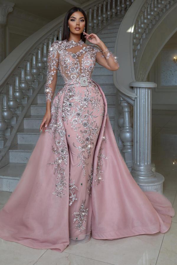 Long Sleeve Pink Satin Mermaid Floor Length Prom Dress with Detachable Train and Appliques-BallBride