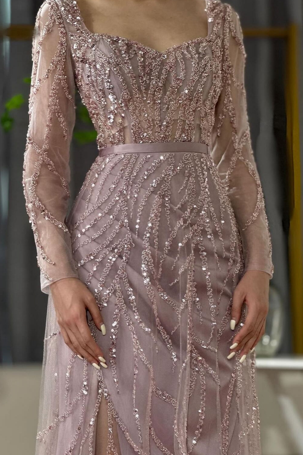 Long Sleeve Pink Sequined Mermaid Slit Prom Dress Detachable Tulle-BallBride