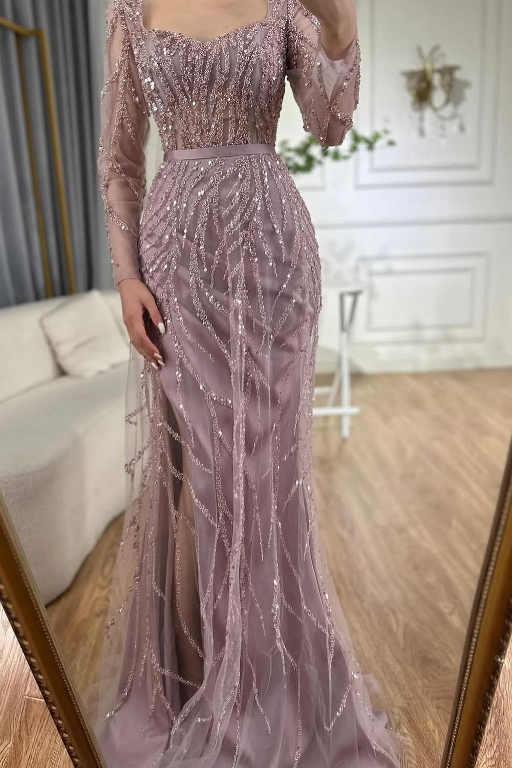 Long Sleeve Pink Sequined Mermaid Slit Prom Dress Detachable Tulle-BallBride