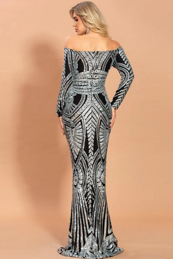 Long Sleeve Prom Dress with Off-the-Shoulder Design and Mermaid Sequins Evening Gowns-BallBride