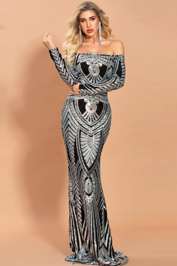 Long Sleeve Prom Dress with Off-the-Shoulder Design and Mermaid Sequins Evening Gowns-BallBride