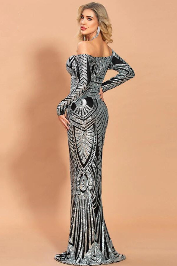 Long Sleeve Prom Dress with Off-the-Shoulder Design and Mermaid Sequins Evening Gowns-BallBride