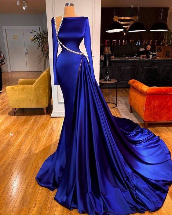 Long Sleeve Satin Beaded Mermaid Prom Dress with Panel Train-BallBride