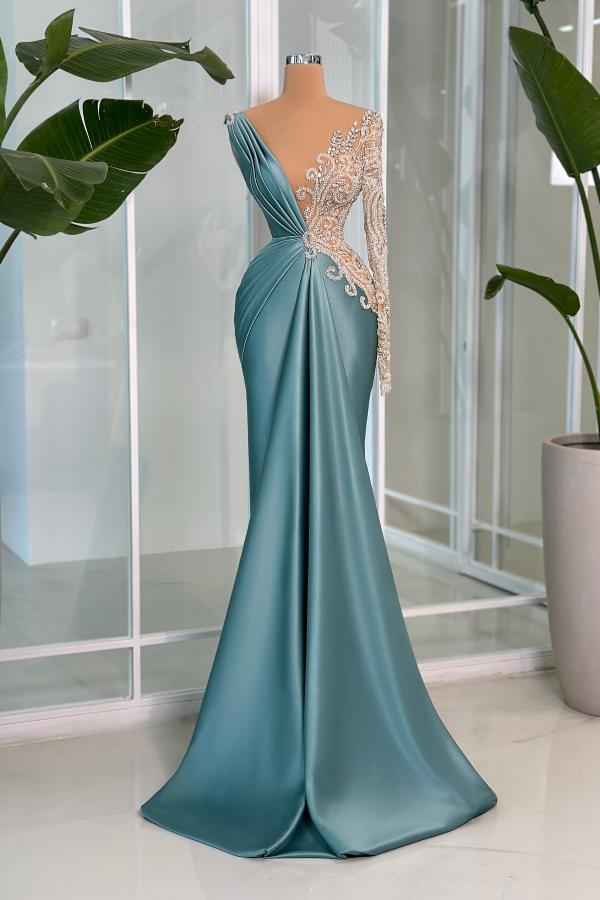 Long Sleeve Satin Mermaid Floor Length Prom Dress with Sequins and Rhinestones-BallBride