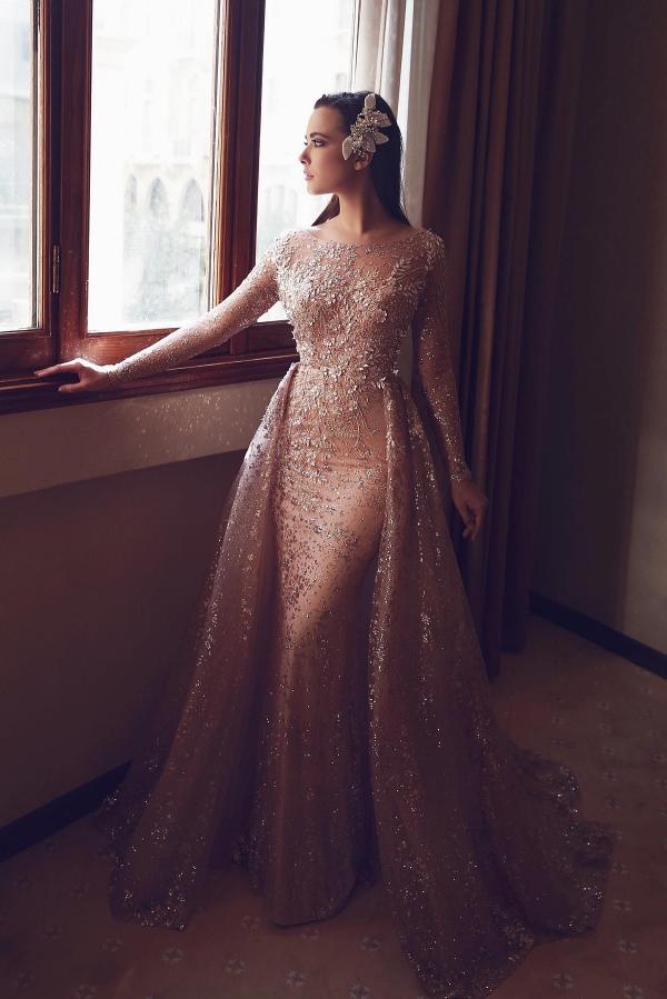 Long Sleeve Scoop Neck Mermaid Tulle Appliques Lace Beaded Prom Dress with Detachable Train-BallBride