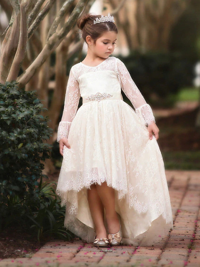Long Sleeve V-Neck Ball Gown Flower Girl Dress with Lace Bow Appliques-BallBride