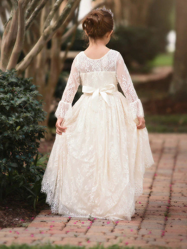 Long Sleeve V-Neck Ball Gown Flower Girl Dress with Lace Bow Appliques-BallBride