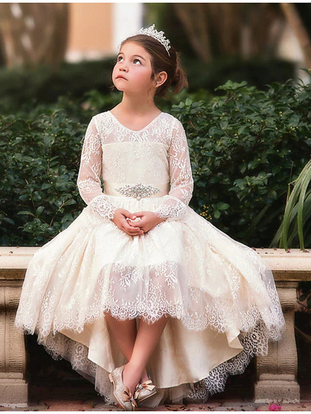 Long Sleeve V-Neck Ball Gown Flower Girl Dress with Lace Bow Appliques-BallBride