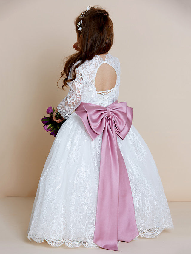Long Sleeve V Neck Ball Gown with Lace Tulle Ribbon Bow and Lace Sash for Flower Girl Dress-BallBride