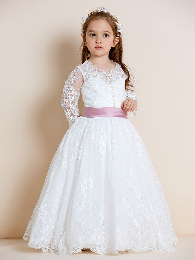 Long Sleeve V Neck Ball Gown with Lace Tulle Ribbon Bow and Lace Sash for Flower Girl Dress-BallBride