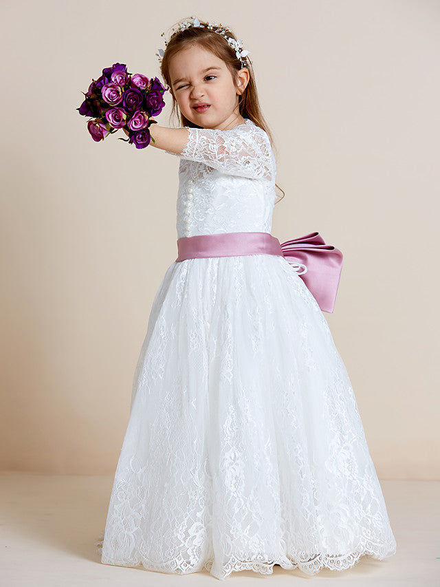 Long Sleeve V Neck Ball Gown with Lace Tulle Ribbon Bow and Lace Sash for Flower Girl Dress-BallBride
