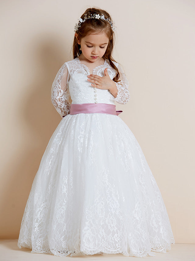 Long Sleeve V Neck Ball Gown with Lace Tulle Ribbon Bow and Lace Sash for Flower Girl Dress-BallBride