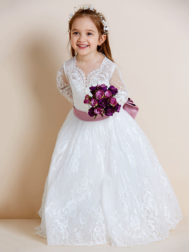 Long Sleeve V Neck Ball Gown with Lace Tulle Ribbon Bow and Lace Sash for Flower Girl Dress-BallBride
