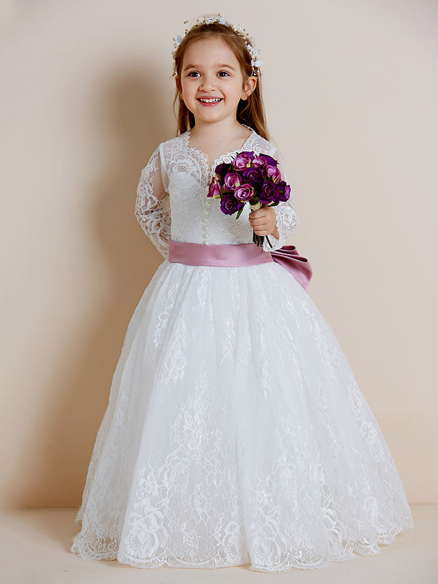 Long Sleeve V Neck Ball Gown with Lace Tulle Ribbon Bow and Lace Sash for Flower Girl Dress-BallBride